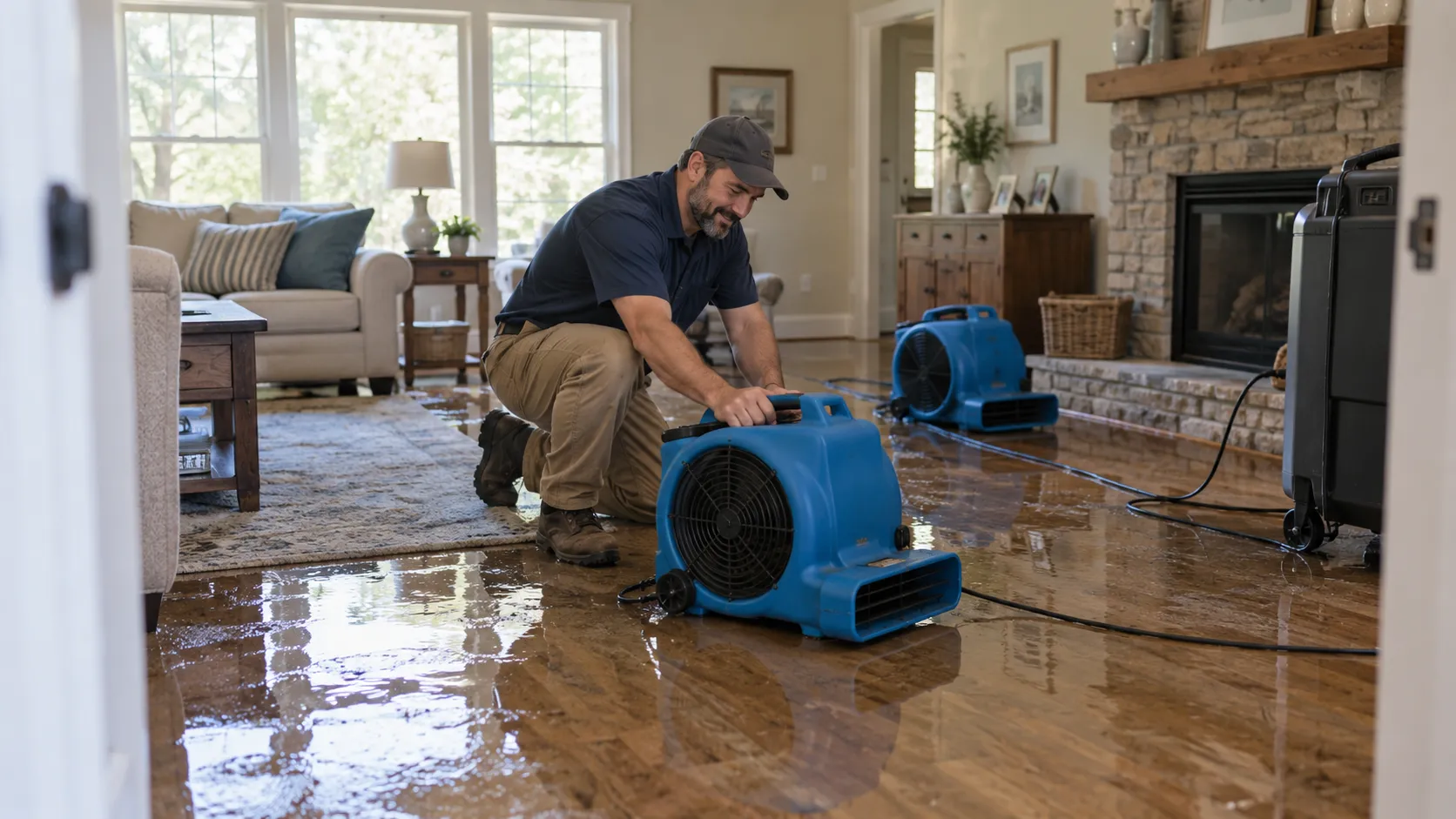 Water damage restoration technician drying a flooded living room in Lexington